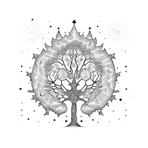 A dotwork tattoo of a majestic tree with constellations representing your family tattoo design idea