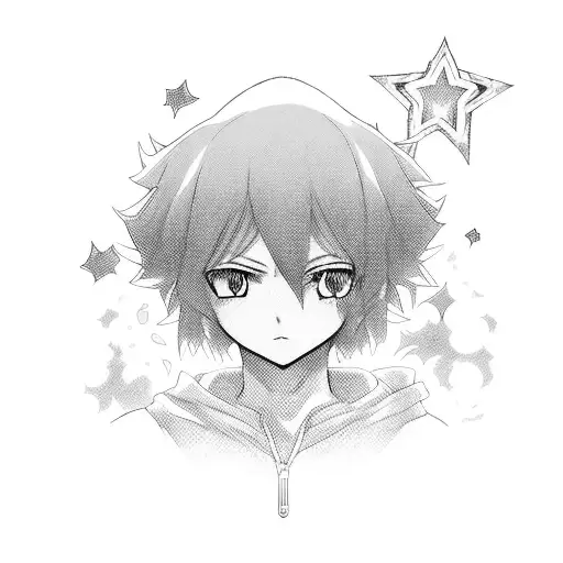 A black and grey portrait of your favorite anime character surrounded by stars tattoo design idea