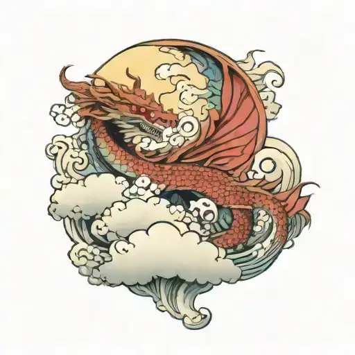 The design appears to feature a dragon, surrounded by clouds and waves in a traditional japanese sleeve style tattoo design idea