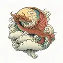 The design appears to feature a dragon, surrounded by clouds and waves in a traditional japanese sleeve style tattoo design idea
