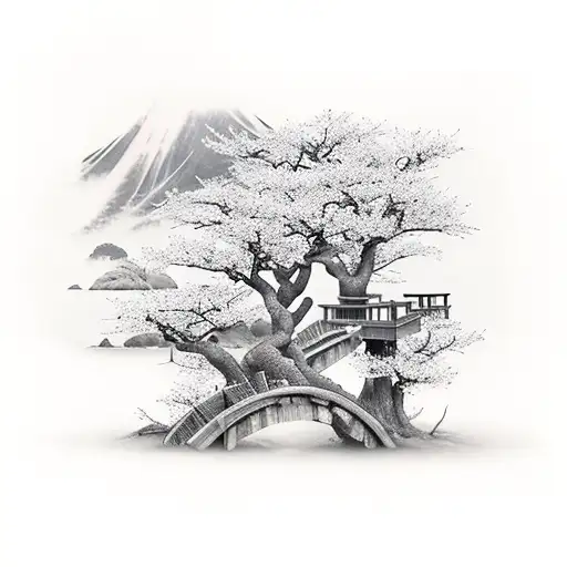 A realistic black and gray tattoo of a serene Japanese garden with cherry blossom trees, representing the beauty of your children's names tattoo design idea