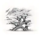 A realistic black and gray tattoo of a serene Japanese garden with cherry blossom trees, representing the beauty of your children's names tattoo design idea