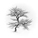 A realistic black and gray tattoo of a serene Japanese garden with cherry blossom trees, representing the beauty of your children's names tattoo design idea