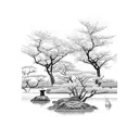 A realistic black and gray tattoo of a serene Japanese garden with cherry blossom trees, representing the beauty of your children's names tattoo design idea