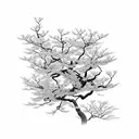 A realistic black and gray tattoo of a serene Japanese garden with cherry blossom trees, representing the beauty of your children's names tattoo design idea