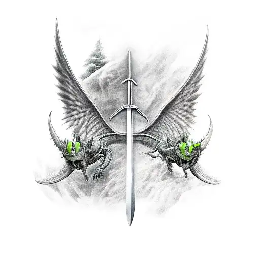sword from Chronicles of Narnia, toothless from How to Train Your Dragon wrapped around the handle with wings spread out tattoo design idea
