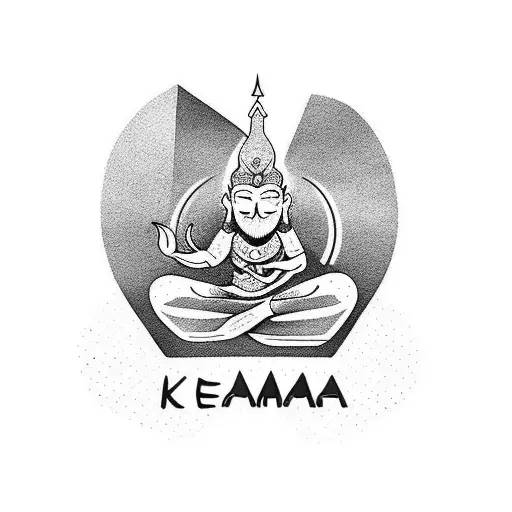 A dotwork tattoo of a cartoon character meditating on a mountaintop, with the word 'karma' written in a flowing script below tattoo design idea