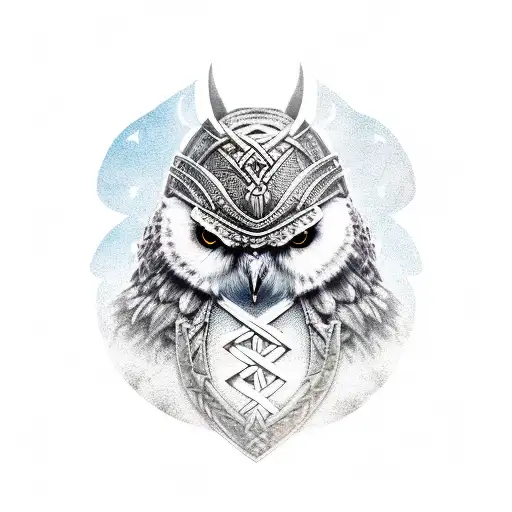 female viking warrior, owl, full moon tattoo design idea