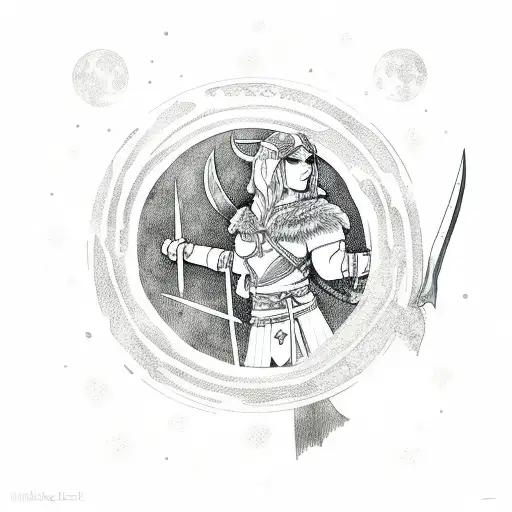 female viking warrior, full moon tattoo design idea