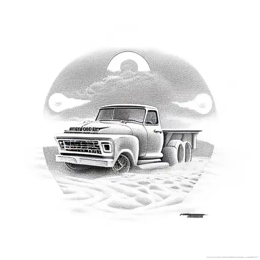 sunrise with a pick up truck driving down a dirt road tattoo design idea