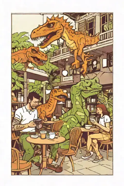 five dinosaurs at an outdoor cafe and book store, reading and drinking coffee in a prehistoric jungle tattoo design idea