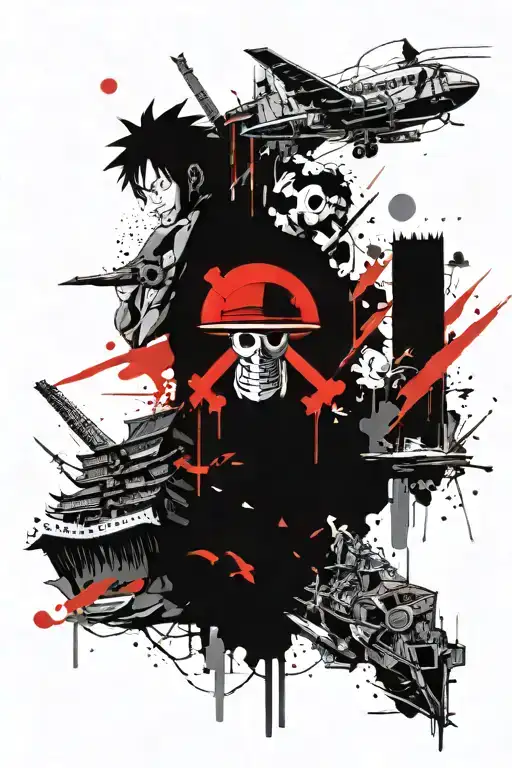 travel tattoo + one piece anime tattoo design idea