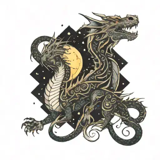 a dragon and dog in a celestial or cosmic scene, where they are surrounded by moon, stars, constellations tattoo design idea