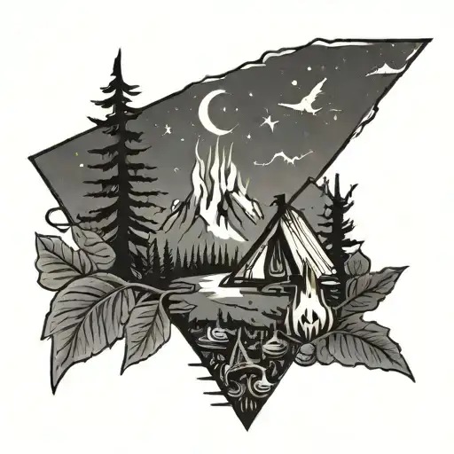 Mountian ash, two whippoorwills, campfire, star tattoo design idea