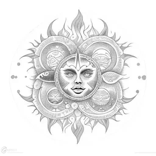 A dotwork tattoo of a sun and moon merging together with intricate floral patterns tattoo design idea