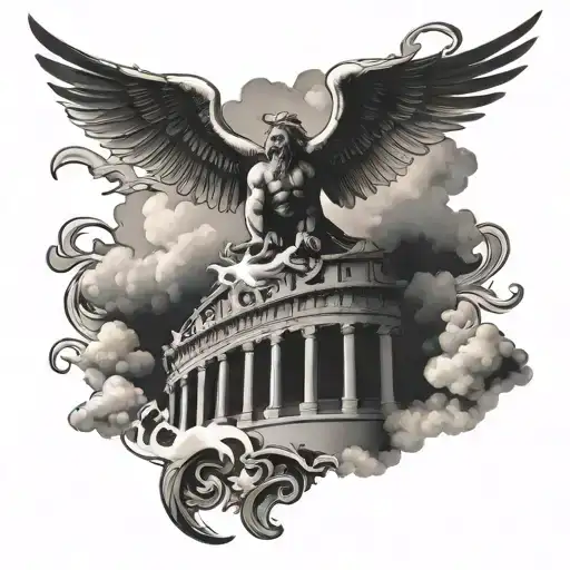 filigree with zeus and lightning above with clouds on top of a coliseum tattoo design idea