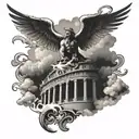 filigree with zeus and lightning above with clouds on top of a coliseum tattoo design idea