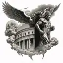 filigree with zeus and lightning above with clouds on top of a coliseum tattoo design idea