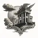 filigree with zeus and lightning above with clouds on top of a coliseum tattoo design idea