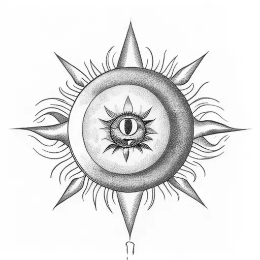 clouds covering the bottom half of the sun. the sun's rays point upward in a triangular fashion tattoo design idea