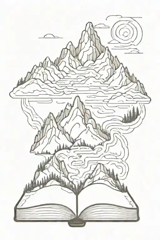 A mountain range with a winding hiking trail leading up to a book-shaped summit tattoo design idea