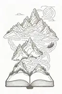 A mountain range with a winding hiking trail leading up to a book-shaped summit tattoo design idea