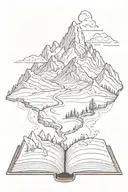 A mountain range with a winding hiking trail leading up to a book-shaped summit tattoo design idea