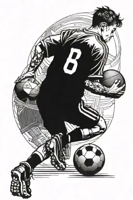 boy with a football ball at his leg staying with his dad on a football trip tattoo design idea