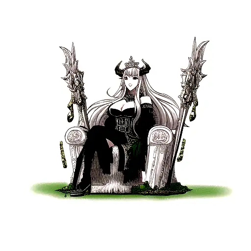 hel the goddess sitting on a throne beside fenrir tattoo design idea