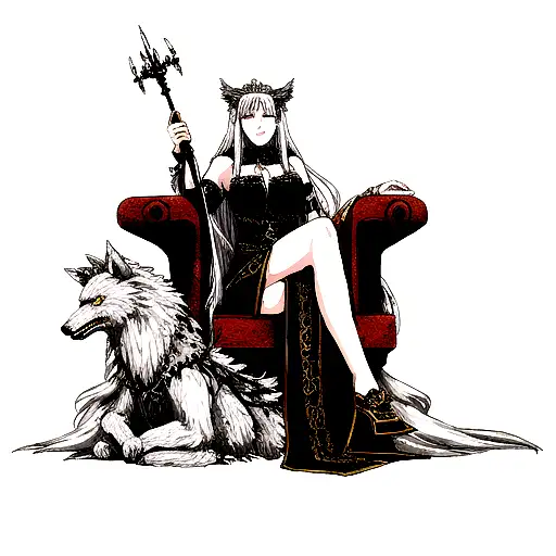 hel the goddess sitting on a throne beside fenrir tattoo design idea