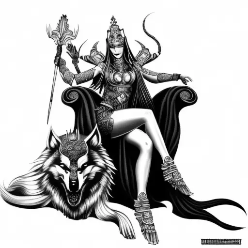 hel the goddess sitting on a throne beside fenrir tattoo design idea