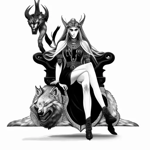 hel the goddess sitting on a throne beside fenrir tattoo design idea