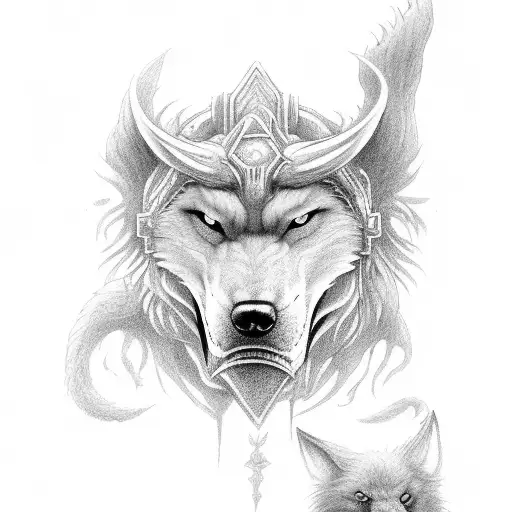 Fenrir with hel the goddess of the unworthy dead noble Norse style tattoo design idea