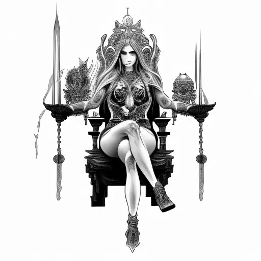 hel the goddess sitting on a throne tattoo design idea