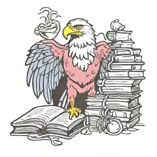 A wise eagle cooking in a fun kitchen surrounded by knowledge books tattoo design idea