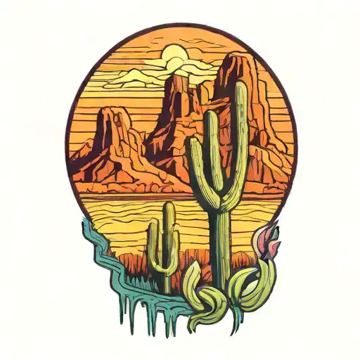 arizona saguaro cactus with mountain in background color tattoo design idea
