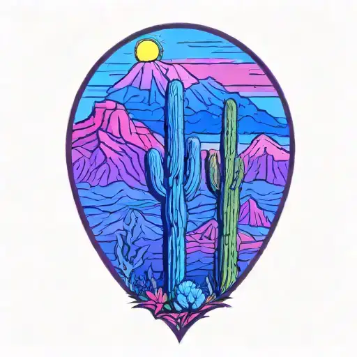 arizona saguaro cactus with mountain in background color tattoo design idea