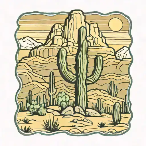 arizona saguaro cactus with mountain in background color tattoo design idea