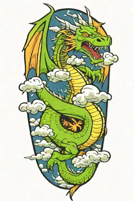 dragon flying in clouds color tattoo design idea