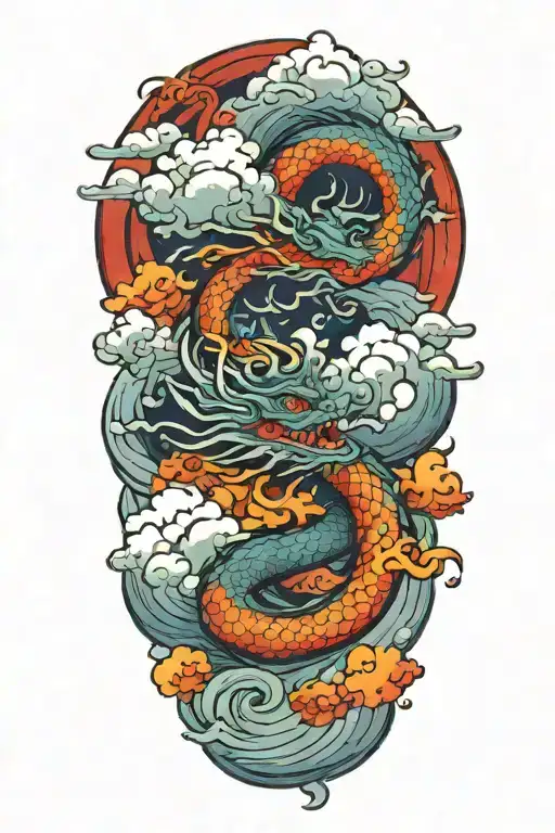 dragon flying in clouds color tattoo design idea