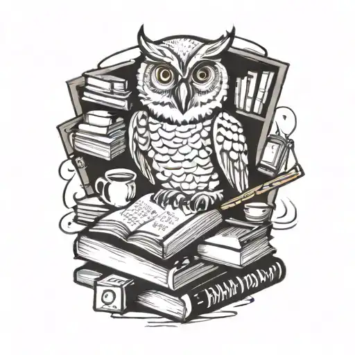A wise owl cooking in a fun kitchen surrounded by knowledge books tattoo design idea