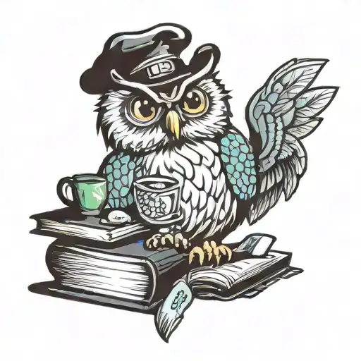A wise owl cooking in a fun kitchen surrounded by knowledge books tattoo design idea