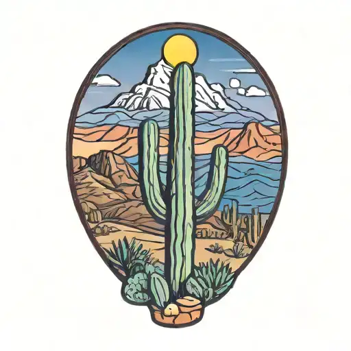 arizona saguaro cactus with mountain in background color tattoo design idea