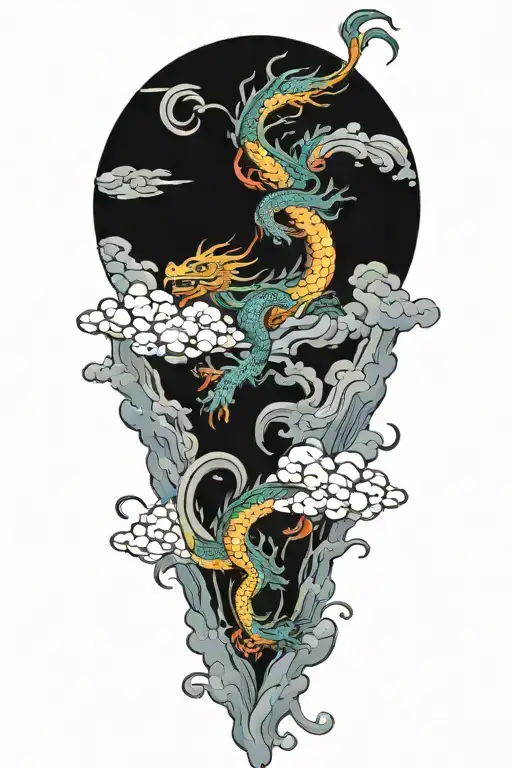 dragon flying in clouds color tattoo design idea