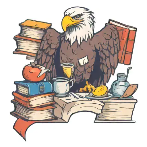 A wise eagle cooking in a fun kitchen surrounded by knowledge books tattoo design idea