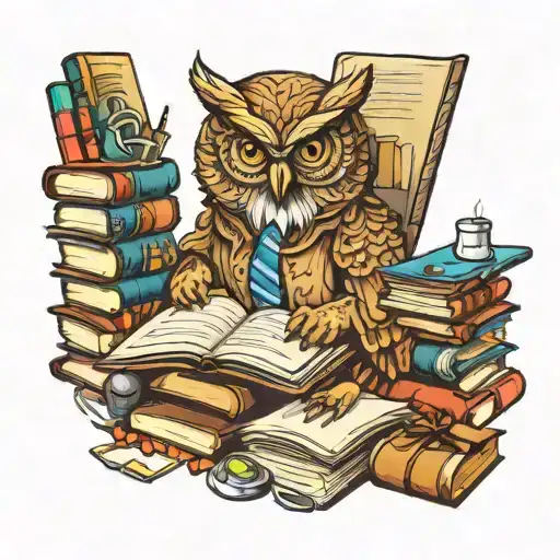 A wise owl cooking in a fun kitchen surrounded by knowledge books tattoo design idea