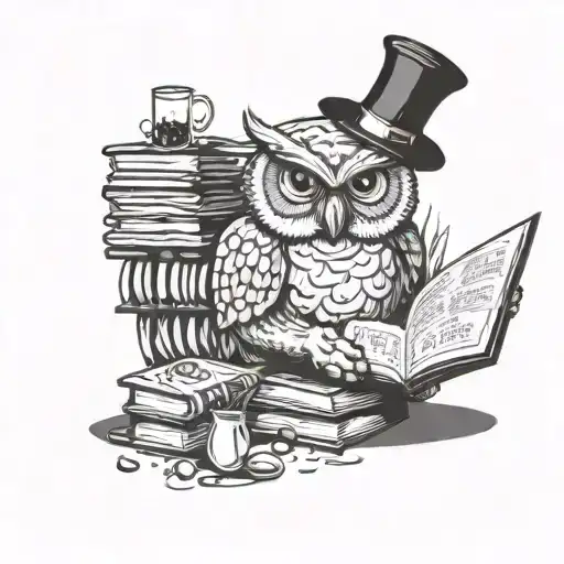 A wise owl cooking in a fun kitchen surrounded by knowledge books tattoo design idea