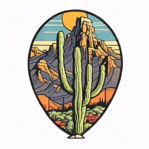 arizona saguaro cactus with mountain in background color tattoo design idea