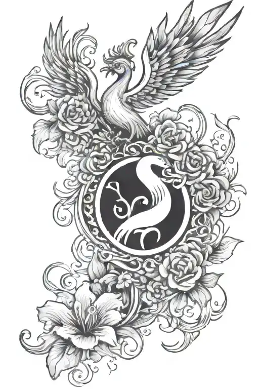 flowers, Aquarius symbol incorporated, feminine energy, phoenix  tattoo design idea