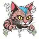 Cheshire Cat black cat smoking weed smoke rising tattoo design idea